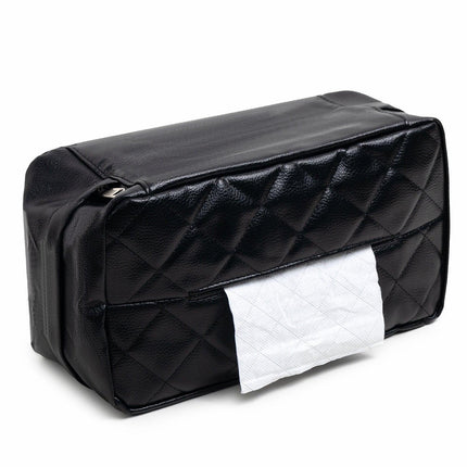 Black 2-Pack Car Tissue Box Holder Set - Universal Sun Visor & Seat Back PU Leather Organizer.