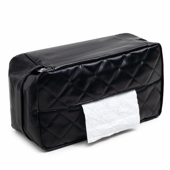 Black 2-Pack Car Tissue Box Holder Set - Universal Sun Visor & Seat Back PU Leather Organizer.