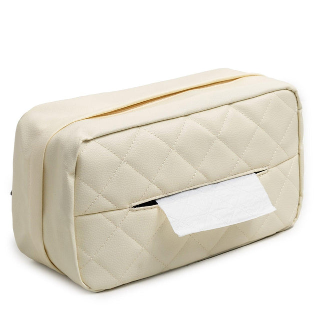White 2-Pack Car Tissue Box Holder Set - Universal Sun Visor & Seat Back PU Leather Organizer.