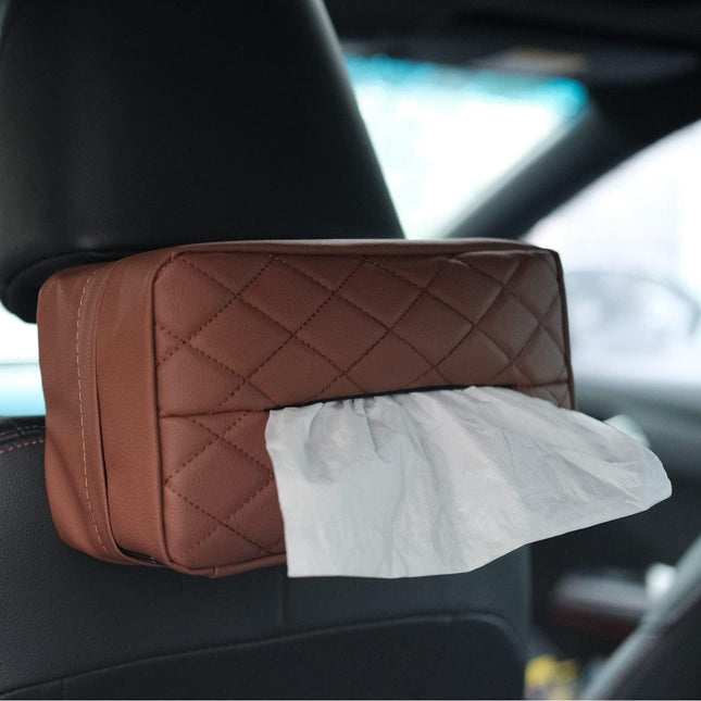 Brown 2-Pack Car Tissue Box Holder Set - Universal Sun Visor & Seat Back PU Leather Organizer.