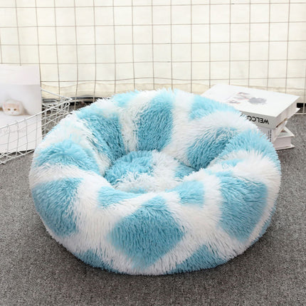 Blue-white 50cm Cozy Round Pet Bed - Plush Cat & Dog Bed with Non-Slip Base, Machine Washable.