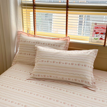 Flowers Pinstripe 100% Cotton Pillowcase Set (Pack of 2) - Breathable Standard Size 48x74cm Pure Cotton Pillow Covers.