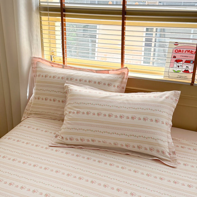 Flowers Pinstripe 100% Cotton Pillowcase Set (Pack of 2) - Breathable Standard Size 48x74cm Pure Cotton Pillow Covers.