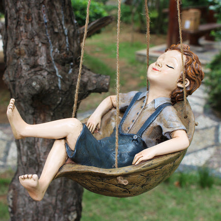 Walnut Boy Swing Resin Ornament - 20.5x11x12.5cm Charming Garden Hanging Decor for Trees & Patios.