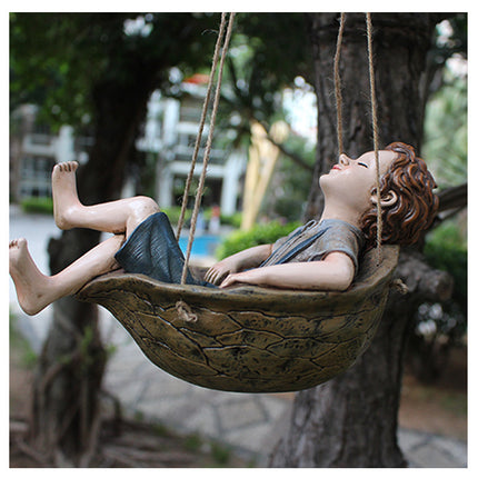 Walnut Boy Swing Resin Ornament - 20.5x11x12.5cm Charming Garden Hanging Decor for Trees & Patios.