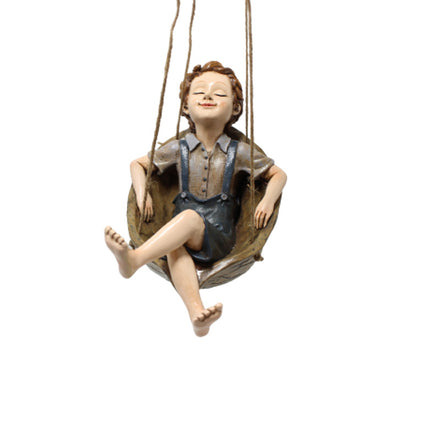 Walnut Boy Swing Resin Ornament - 20.5x11x12.5cm Charming Garden Hanging Decor for Trees & Patios.