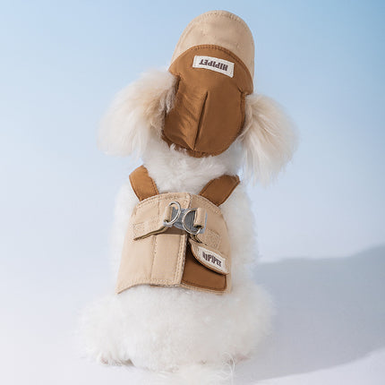 S Brown Pet Sun Hat with Adjustable Strap + Leash & Harness 3-Piece Set - Breathable Summer Cap for Dogs & Cats with Ear Holes.