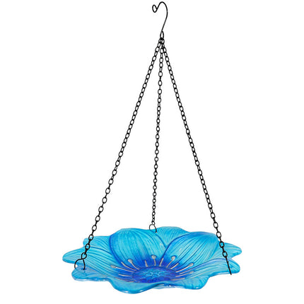 Blue Decorative Hanging Glass Flower Bird Bath - 10 Inch Vibrant Outdoor Garden Accent.
