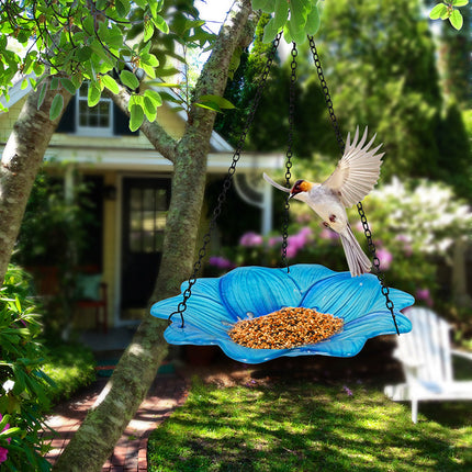 Blue Decorative Hanging Glass Flower Bird Bath - 10 Inch Vibrant Outdoor Garden Accent.