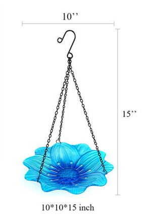 Blue Decorative Hanging Glass Flower Bird Bath - 10 Inch Vibrant Outdoor Garden Accent.
