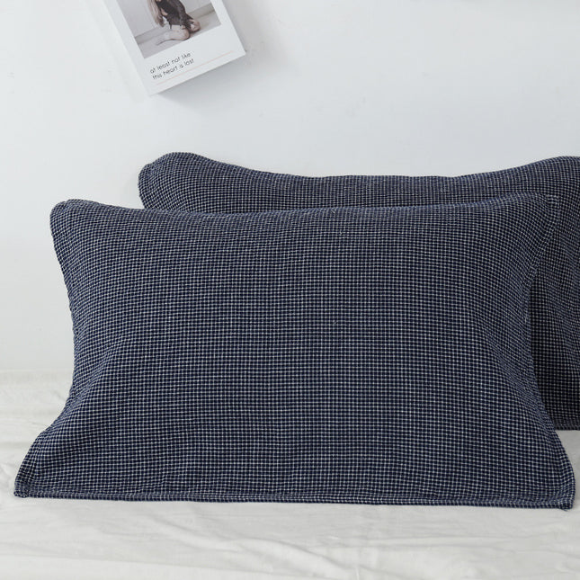 Dark Blue Breathable 4-Layer Cotton Gauze Pillow Towel Pair - Japanese Style Grid (52x75cm).