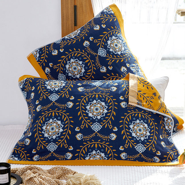 Single Blue Flower Butterfly Pillow Towel Premium Cotton Gauze Pillow Towel Pair - Simple Nordic Style (52x75cm).