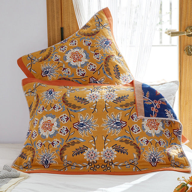 Single Yellow Floral Pillow Towel Premium Cotton Gauze Pillow Towel Pair - Simple Nordic Style (52x75cm).
