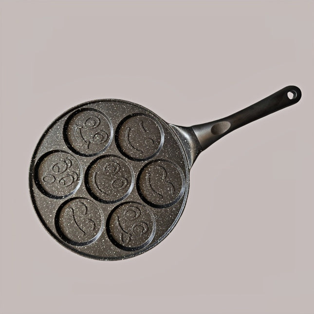 Black Smiley + Black Handle (gas model) Non-Stick Pancake Pan - 7-Hole Fun Shapes Breakfast Griddle (27cm).