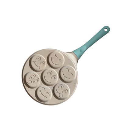 Beige Smiley + Blue Handle (Gas Model) Non-Stick Pancake Pan - 7-Hole Fun Shapes Breakfast Griddle (27cm).