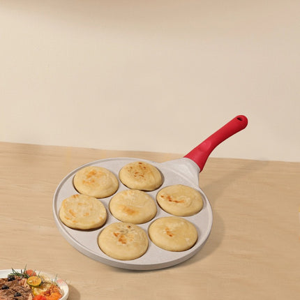Beige Smiley + Blue Handle (Gas Model) Non-Stick Pancake Pan - 7-Hole Fun Shapes Breakfast Griddle (27cm).