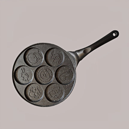 Black Cartoon + Black Handle (Gas Model) Non-Stick Pancake Pan - 7-Hole Fun Shapes Breakfast Griddle (27cm).