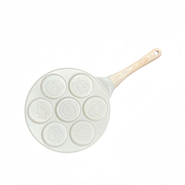 Beige Cartoon + Wood Grain Handle (Gas Model) Non-Stick Pancake Pan - 7-Hole Fun Shapes Breakfast Griddle (27cm).