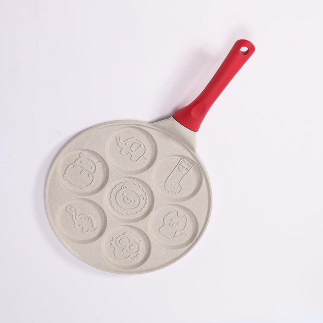 Beige Cartoon + Red Handle (Gas Model) Non-Stick Pancake Pan - 7-Hole Fun Shapes Breakfast Griddle (27cm).