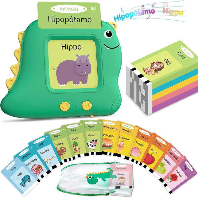 Little Green Dinosaur [112 cards] Bilingual Early Learning Flash Card Reader - Interactive Audio Toy for Toddlers.