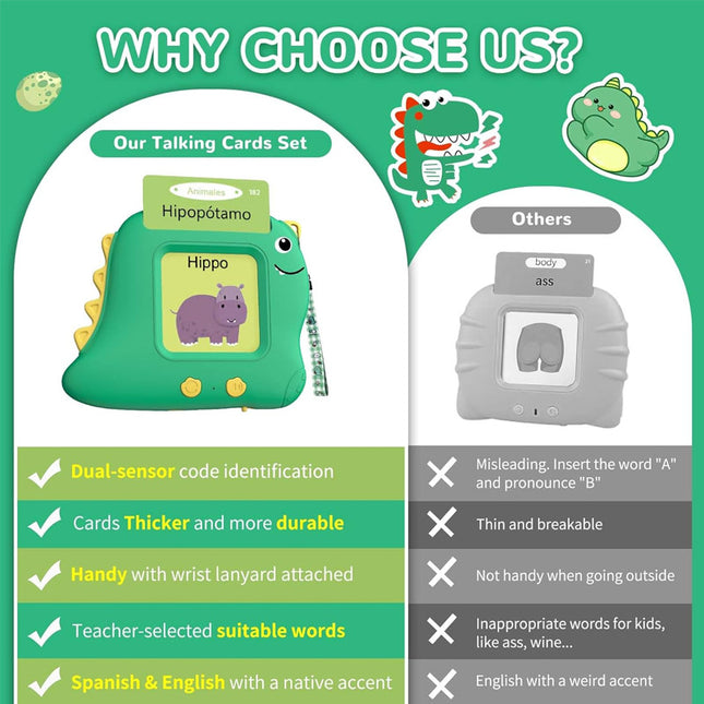 Little Green Dinosaur [112 cards] Bilingual Early Learning Flash Card Reader - Interactive Audio Toy for Toddlers.