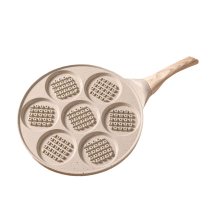 Beige Waffle + Wood Grain Handle (Gas Model) Non-Stick Pancake Pan - 7-Hole Fun Shapes Breakfast Griddle (27cm).