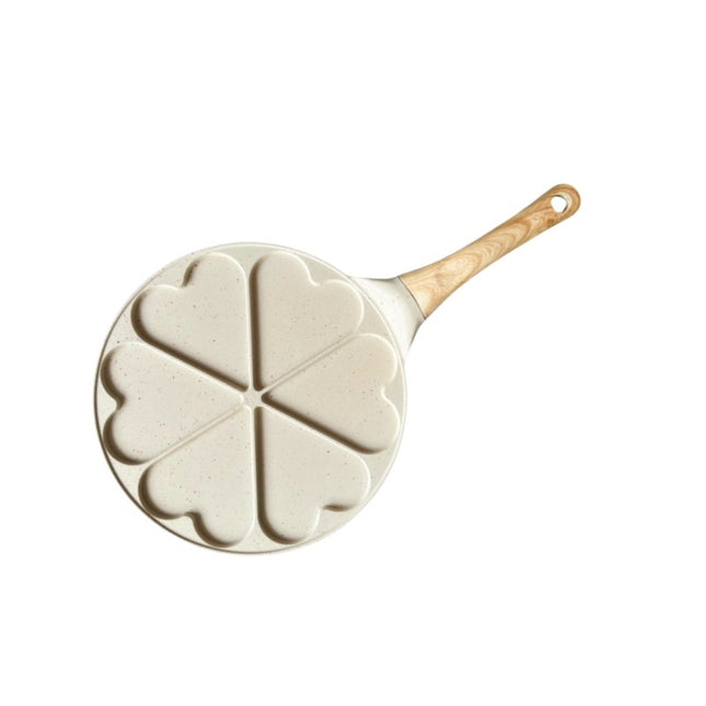 Beige Heart + Wood Grain Handle (Gas Model) Non-Stick Pancake Pan - 7-Hole Fun Shapes Breakfast Griddle (27cm).