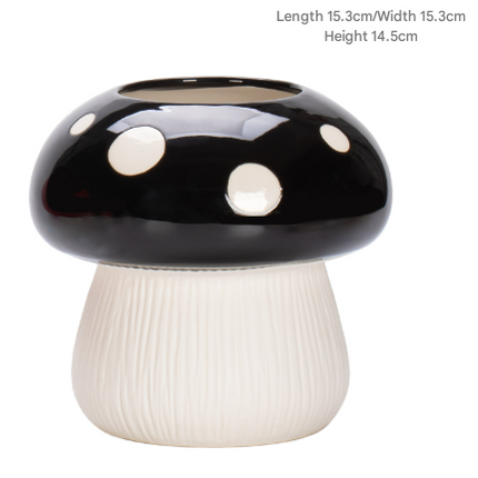 Big Size Black Whimsical Ceramic Mushroom Vase - Decorative Floral & Hydroponic Planter.