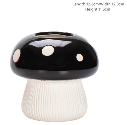 Middle Size Black Whimsical Ceramic Mushroom Vase - Decorative Floral & Hydroponic Planter.