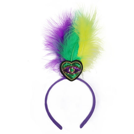 Heart Pattern Festive Mardi Gras Feather Headband Set - 10 Pack Sequin Jester Hat Party Accessory.
