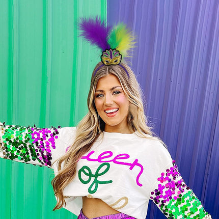 Heart Pattern Festive Mardi Gras Feather Headband Set - 10 Pack Sequin Jester Hat Party Accessory.