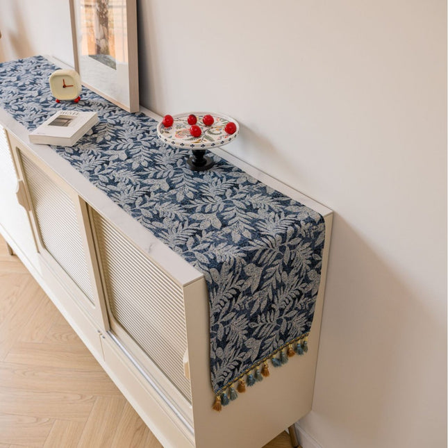 Jacquard Blue Water Plant 33-180cm Elegant Geometric Jacquard Table Runner with Tassels - Modern Dining & Coffee Table Decor.