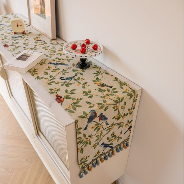Two Orioles in Jacquard Rice 33-180cm Elegant Geometric Jacquard Table Runner with Tassels - Modern Dining & Coffee Table Decor.