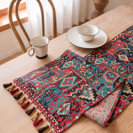 Two Orioles in Jacquard Rice 33-180cm Elegant Geometric Jacquard Table Runner with Tassels - Modern Dining & Coffee Table Decor.