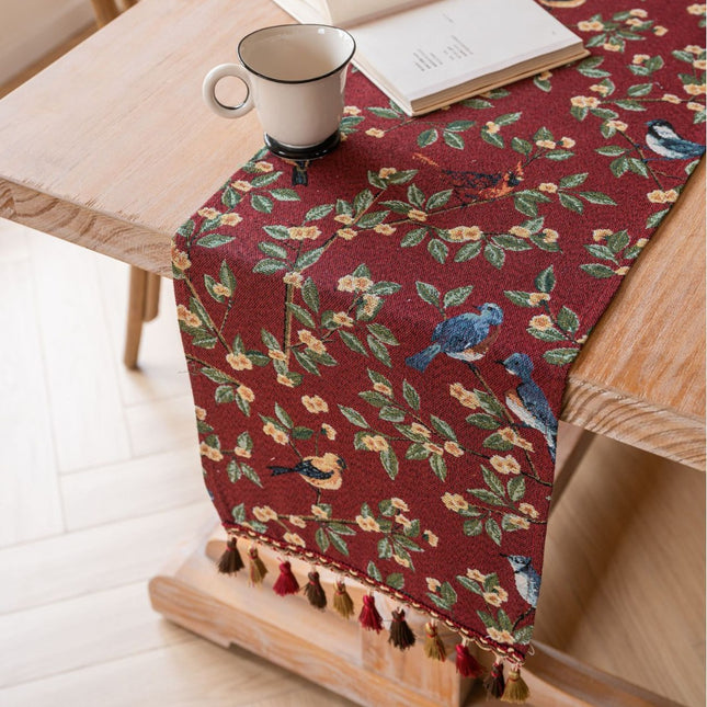 Jacquard Date Red Two Orioles 33-180cm Elegant Geometric Jacquard Table Runner with Tassels - Modern Dining & Coffee Table Decor.