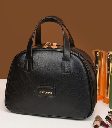 Black Retro PU Leather Cosmetic Bag - Large Capacity Travel Toiletry Organizer Pouch.