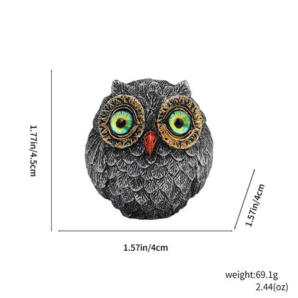 3Pcs Green Small Decorative Resin Owl Figurine - Textured Statue with Blue Eyes.