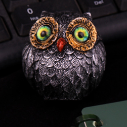 3Pcs Green Small Decorative Resin Owl Figurine - Textured Statue with Blue Eyes.