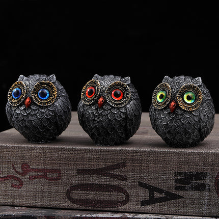 Set of Three Groups of Three Colors Small Decorative Resin Owl Figurine - Textured Statue with Blue Eyes(Blue, Green, Red).
