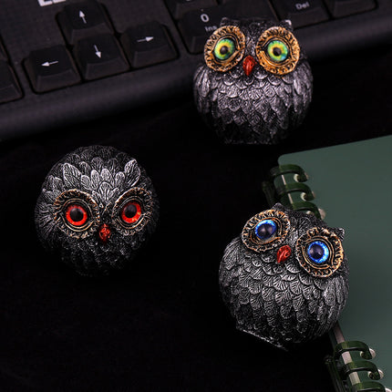 Set of Three Groups of Three Colors Small Decorative Resin Owl Figurine - Textured Statue with Blue Eyes(Blue, Green, Red).