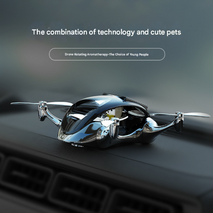 Silver Solar Powered Drone Car Air Freshener - Rotating Propeller Vehicle Scent Diffuser Ornament.