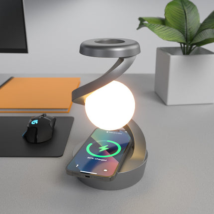 Grey-Black Modern Levitating LED Desk Lamp with Wireless Phone Charger - Spiral Design Atmosphere Light.