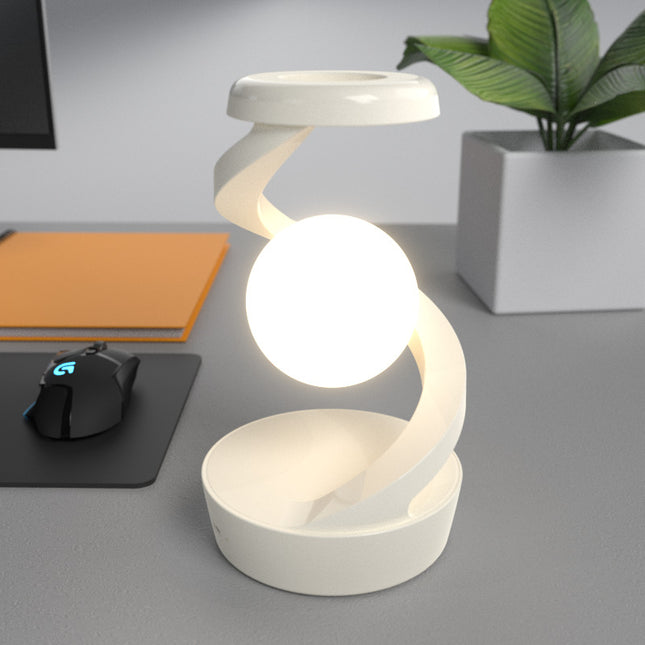 White Modern Levitating LED Desk Lamp with Wireless Phone Charger - Spiral Design Atmosphere Light.