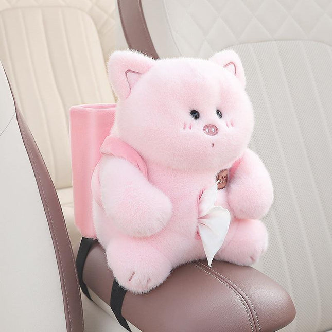 Adorable Pink Pig Tissue Holder for Car - Plush Toy with Storage.