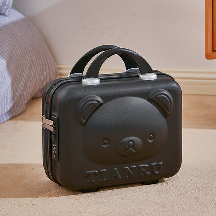Cute Bear Face Hard-Shell Storage Case with Lock - 14-Inch Black Travel Organizer.