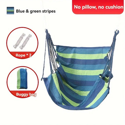 Colorful Striped Hammock Chair with Ropes and Storage Bag - Blue Stripes.