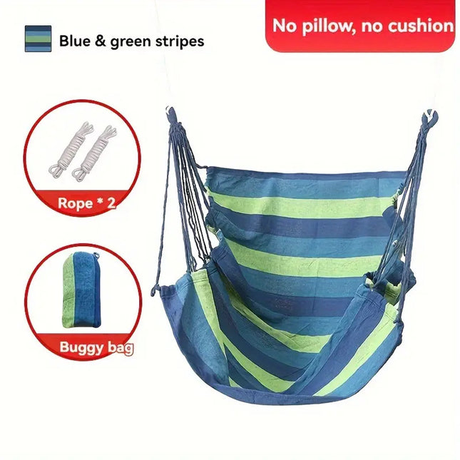 Colorful Striped Hammock Chair with Ropes and Storage Bag - Blue Stripes.
