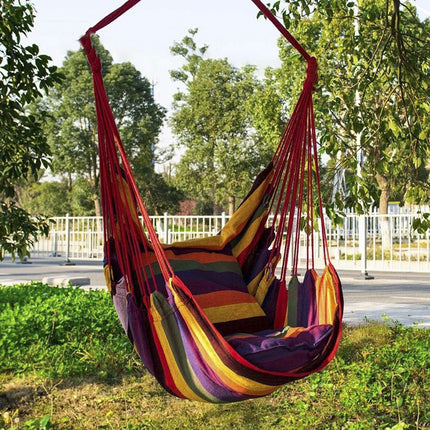 Colorful Striped Hammock Chair with Ropes and Storage Bag - Blue Stripes.