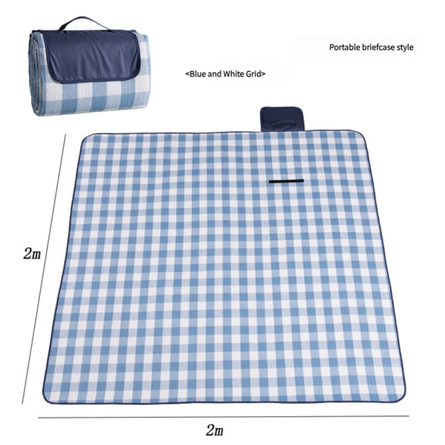 Waterproof Foldable Picnic Blanket with Handle - 2x2m Blue and white checkered.