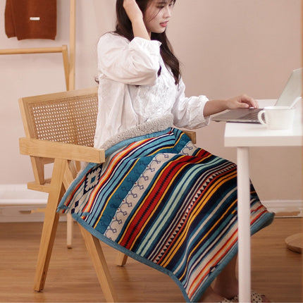 Double-Sided Geometric & Plush Throw Blanket - Warm 70x100cm Multi-Use Wrap(Color stripes/Back side light brown).